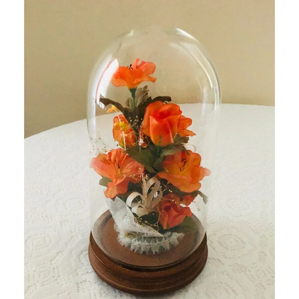 Vtg Silk Orange Roses Lace Ribbon Footed Wooden Glass Dome Conche 12